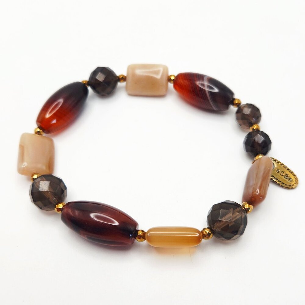 Sara Blaine eSBe Cream Brown Agate Smokey Quartz Cream Stretch Beaded Bracelet